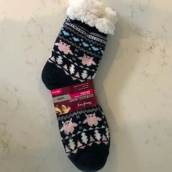 Hongling Thermal Fleece Lined Slipper Socks w Silicone Grip Dots Blu Wht Pnk NWT - Picture 12 of 12